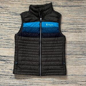 cotopaxi dark olive Quilted Vest with Turquoise and Teal stripes